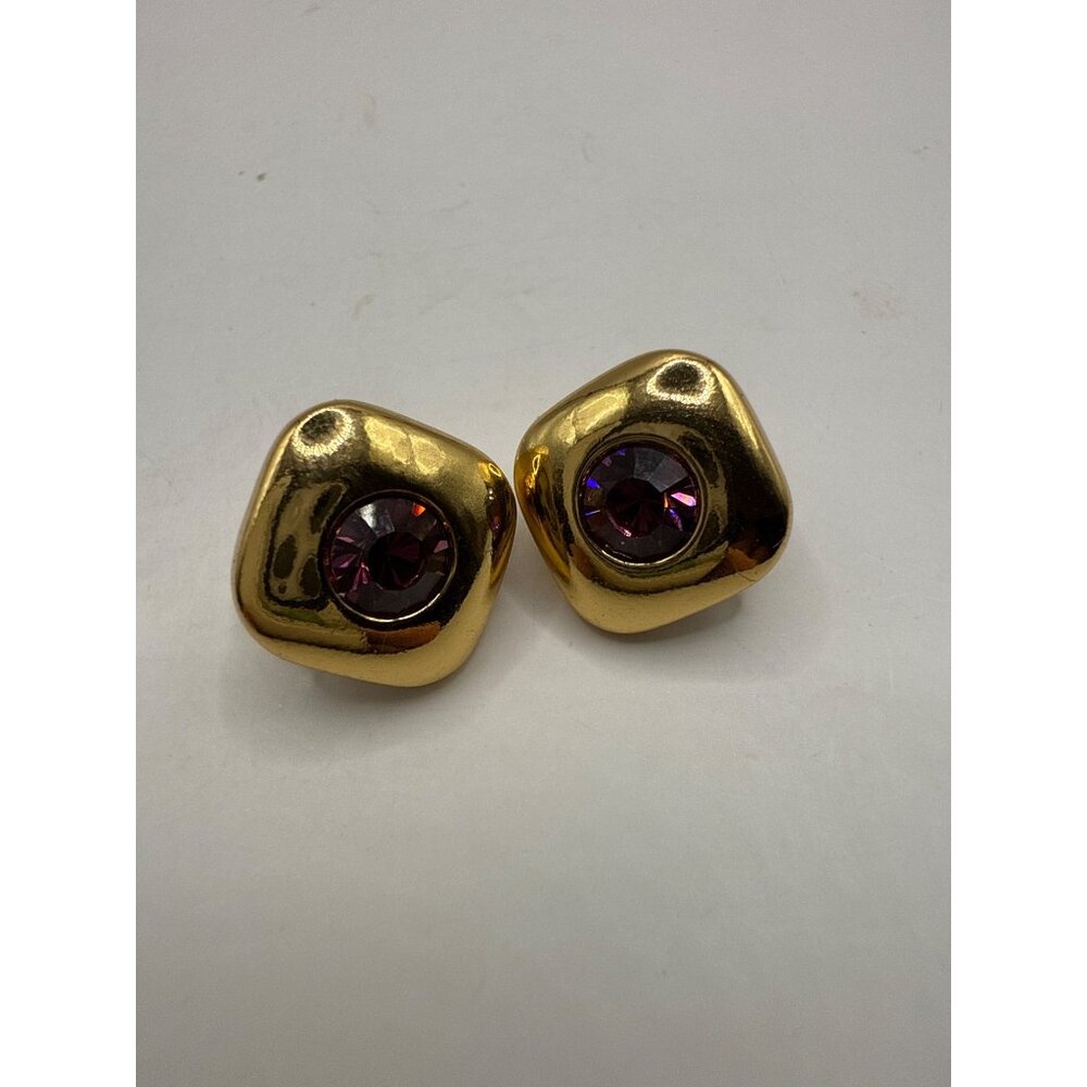 Vintage Signed Finart Gold-Tone Clip-On Earrings With Purple Rhinestones